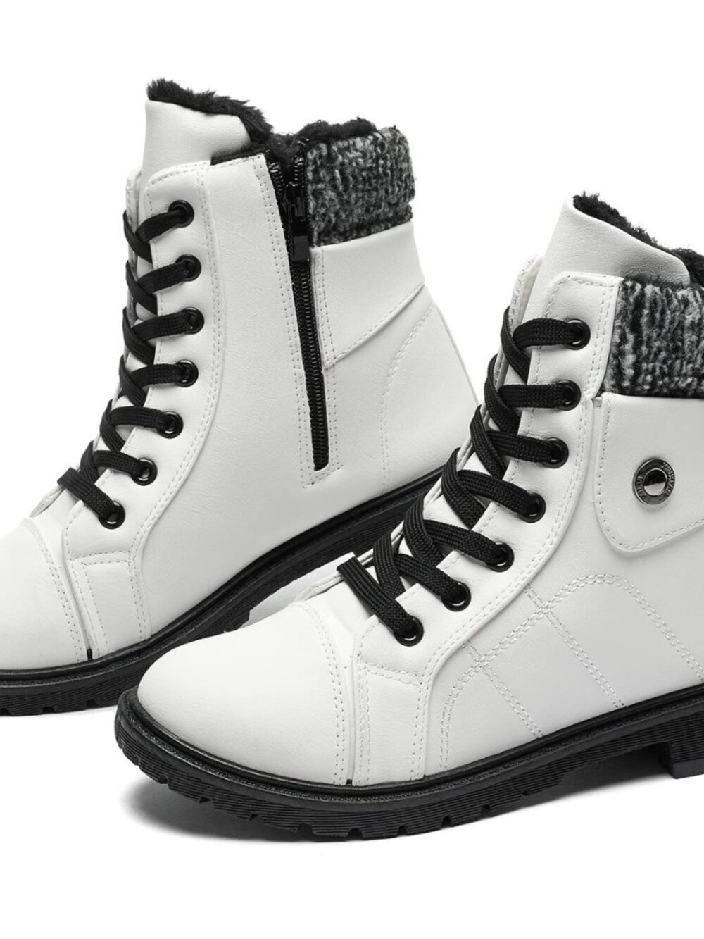 Women's PU Leather Combat Boots Warm Fur Lined Black Ankle Booties Side Zipper